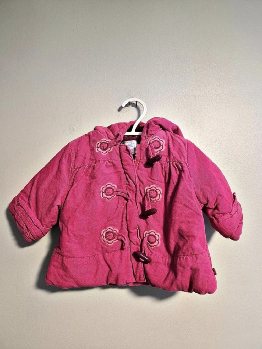 The Children's Place 0/6m Pink Corduroy Hooded Jacket W Flower Loop Buttons